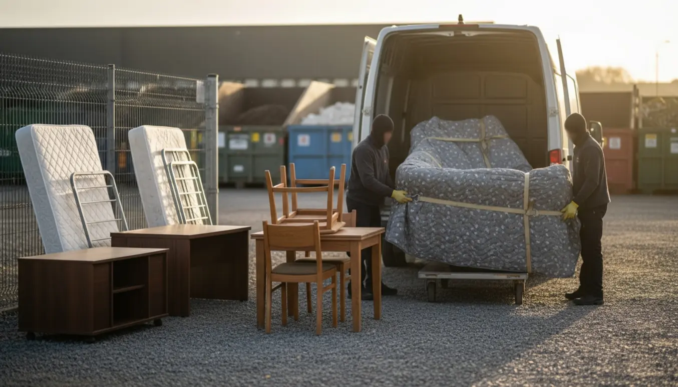 Møbler som sofa, spisebord med stole, senge og skrivebord lastes i en varebil ved en genbrugsplads.