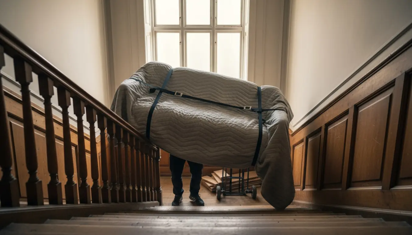 To flyttemænd bærer en HAY Hackney-sofa op ad en smal, dekorativ trappe i en ældre Frederiksberg-opgang.