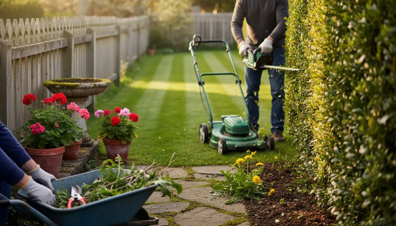 Ældre have under vedligeholdelse med hækklipning, nyslået græs og hænder, der fjerner ukrudt.