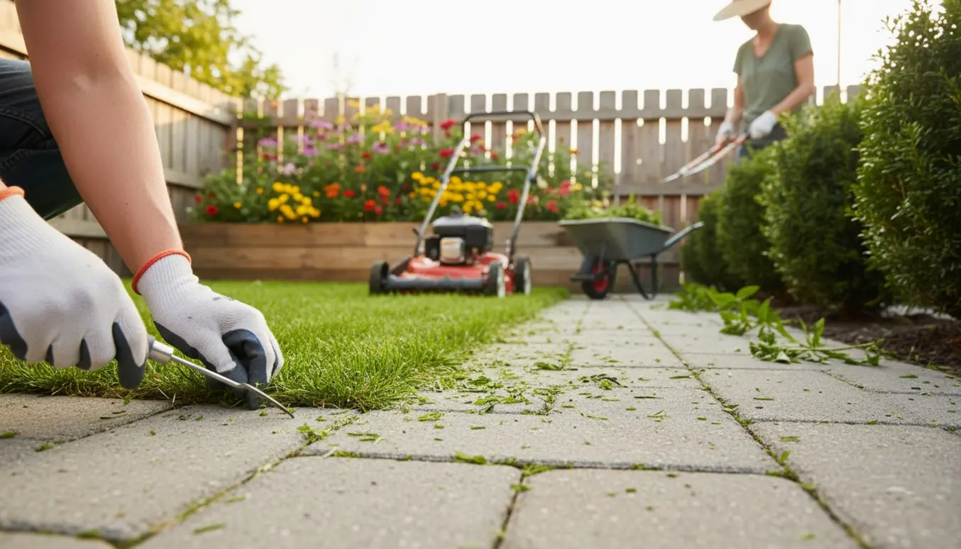 Lille rækkehus-have med græsslåning, buskeklippning og ukrudtsfjerning mellem fliserne.