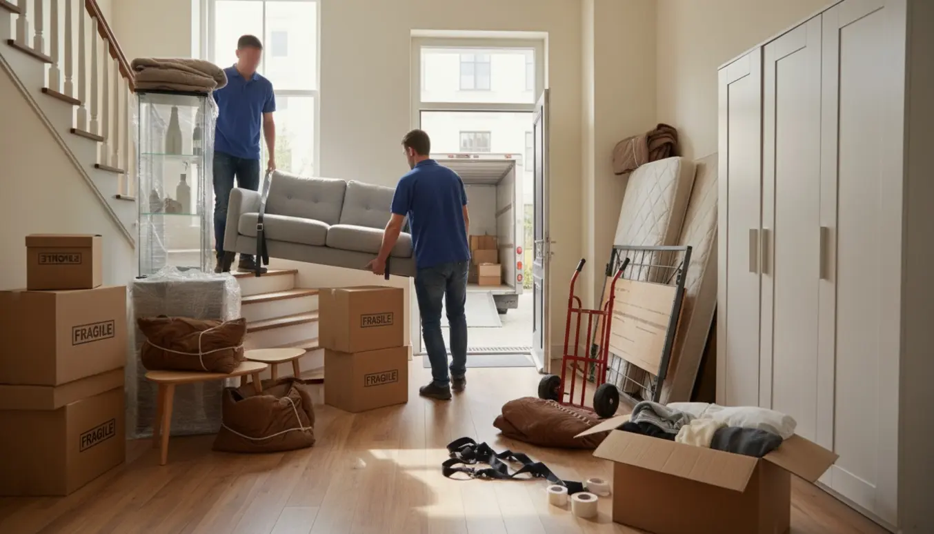 Flyttefolk bærer en sofa ned ad en trappe med flyttekasser, indpakkede møbler og et indpakket glasskab på vej til en flyttebil.