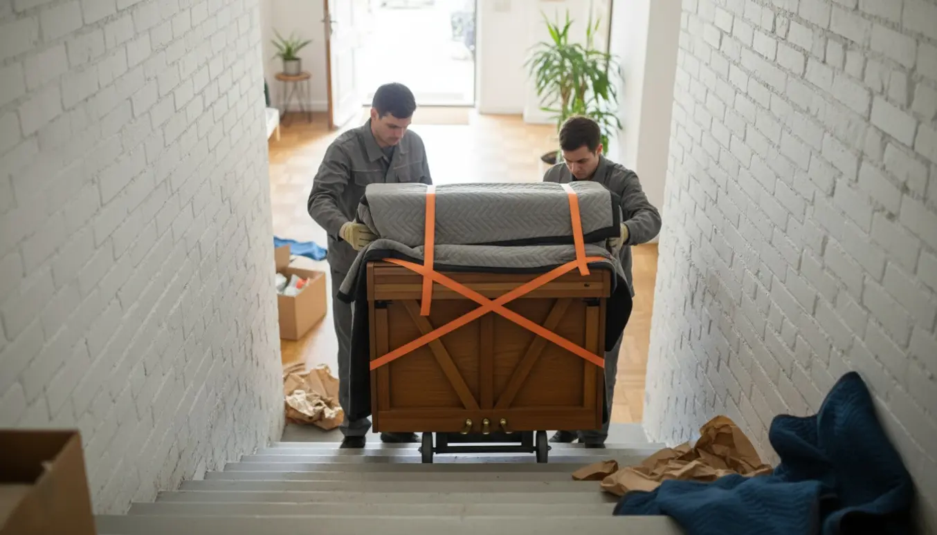 Et mindre pianette bliver båret op ad en kældertrappe ind i en lys stueetage, pakket ind i flyttetæpper.