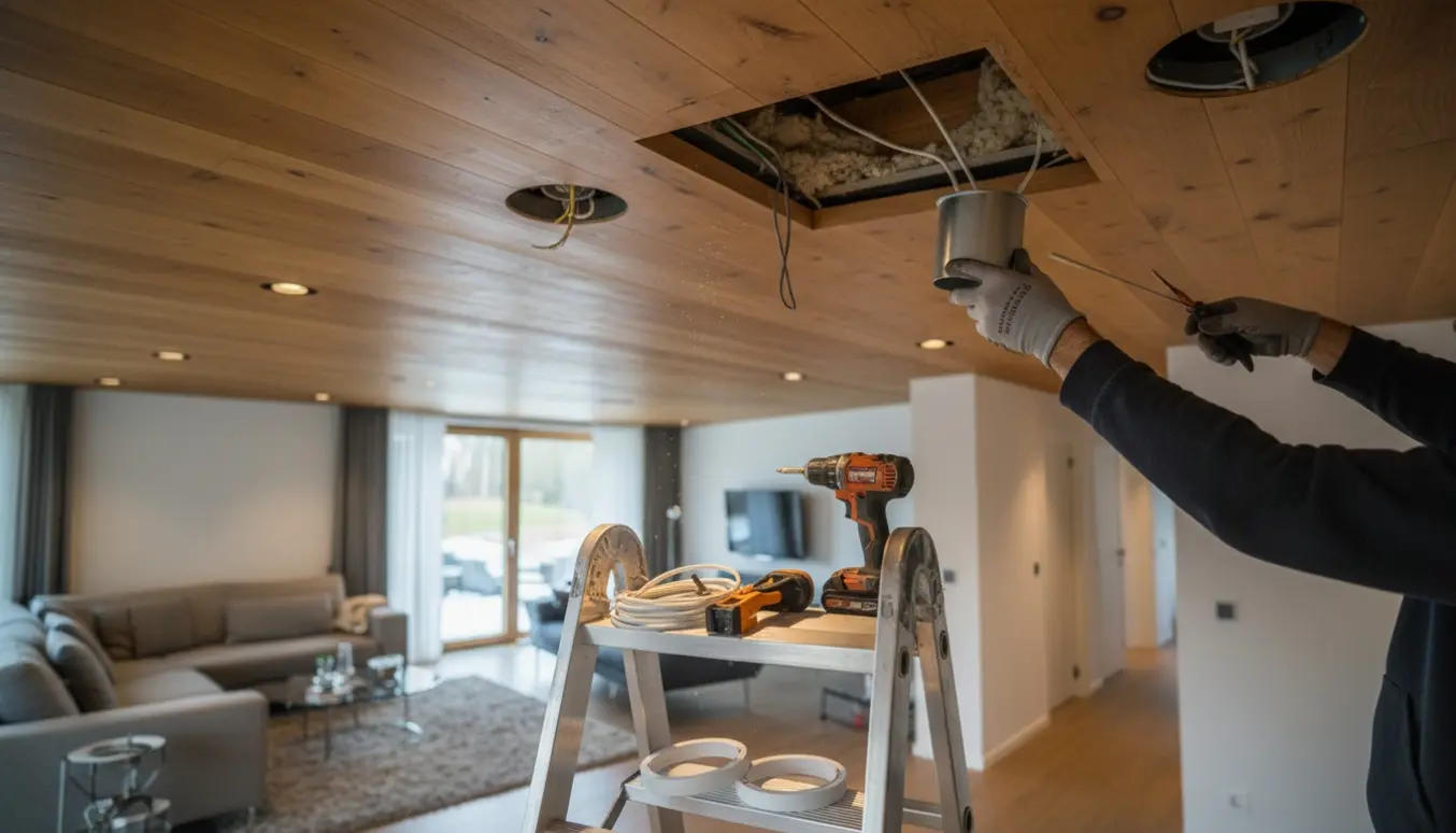 Arbejder håndterer kabler og monterer indbygningsspots i et træloft med åben tagrumsadgang.