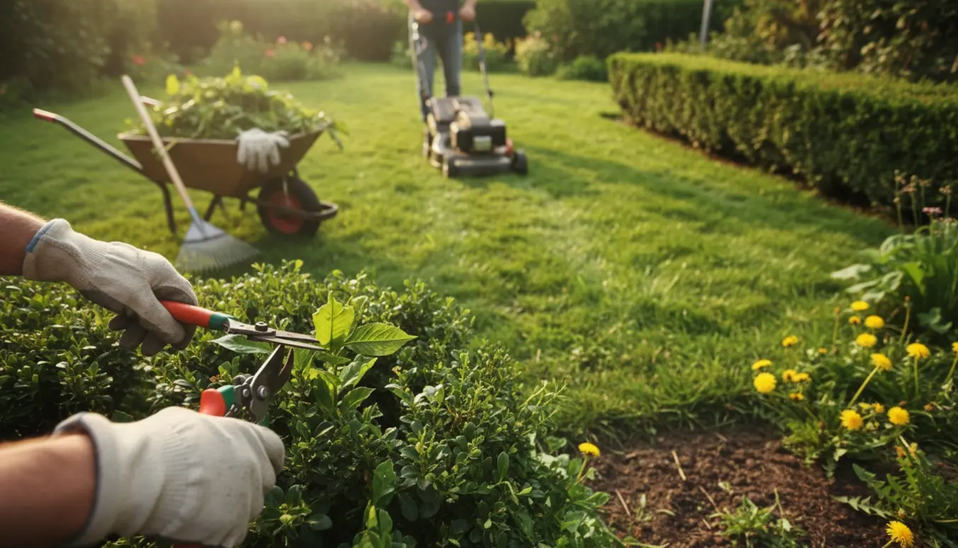 Nærbillede af hænder, der beskærer en busk med plæneklipper og en trillebør med afklip i baggrunden.