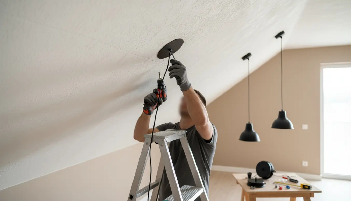 Person på stige monterer to lamper på skråt gipsloft med sorte beslag, fokus på hænder og værktøj.
