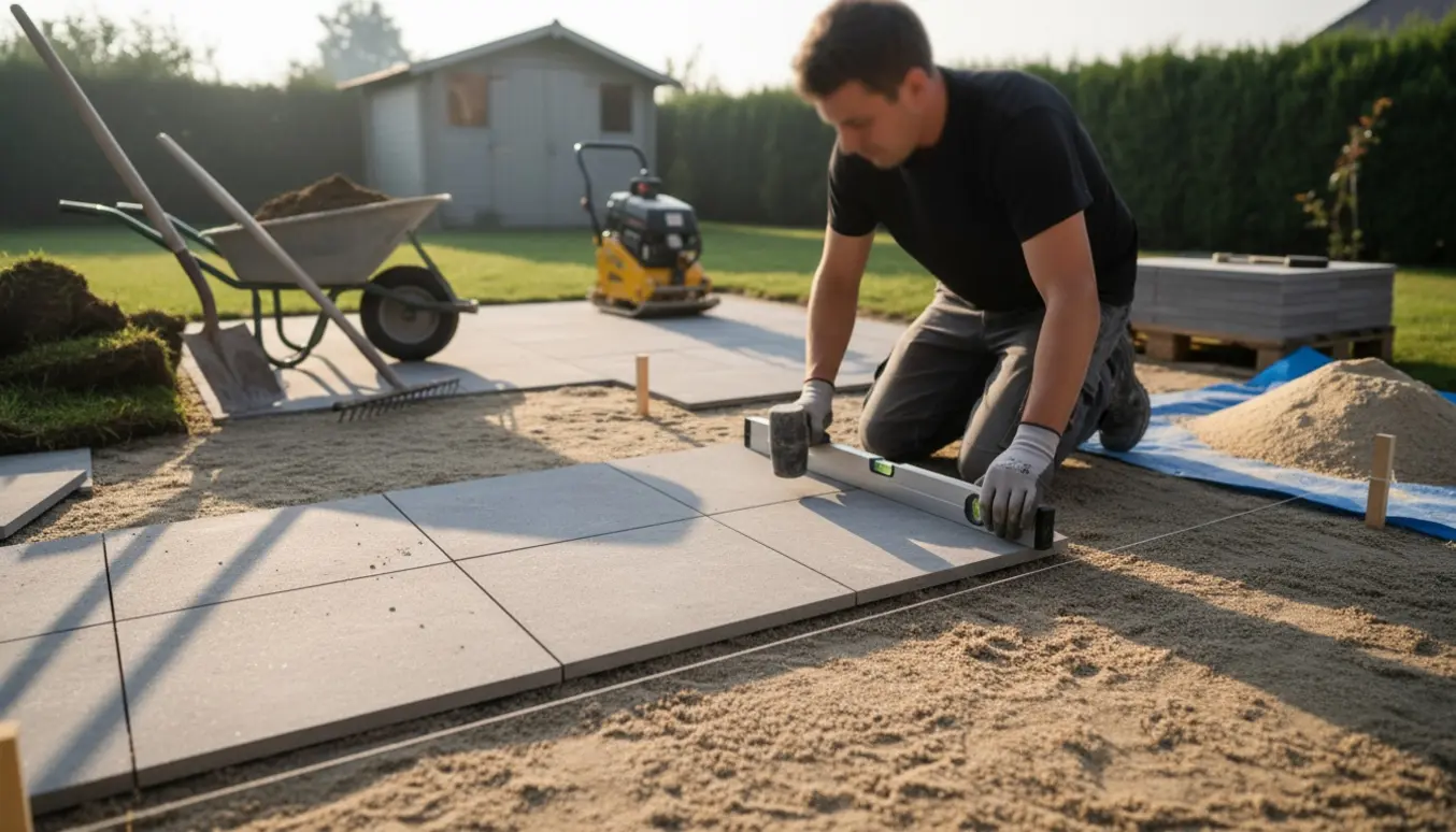 En person knæler og lægger rektangulære fliser på en udvidet terrasse med sandbunke og værktøj i baggrunden.