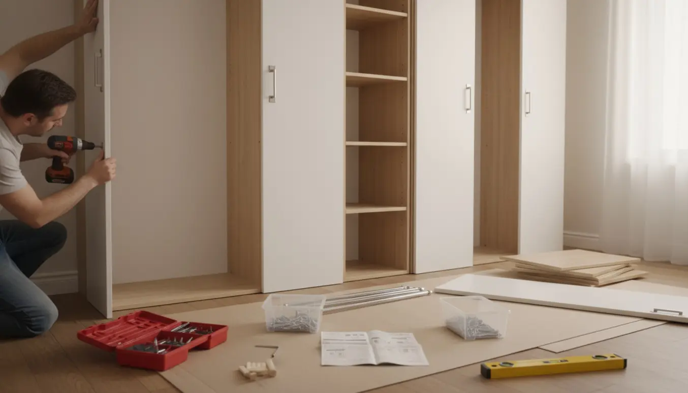 To voksne samler to høje klædeskabstel med døre, hylder og værktøj i et lyst rum.