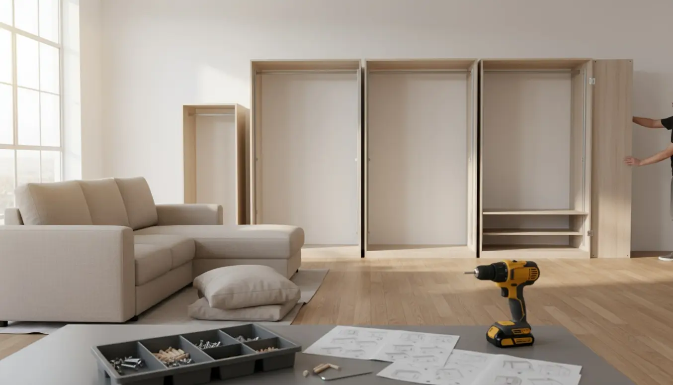 Fire delvist samlede garderobeskabe og en to-personers sofa med chaiselong under montering i et lyst rum.