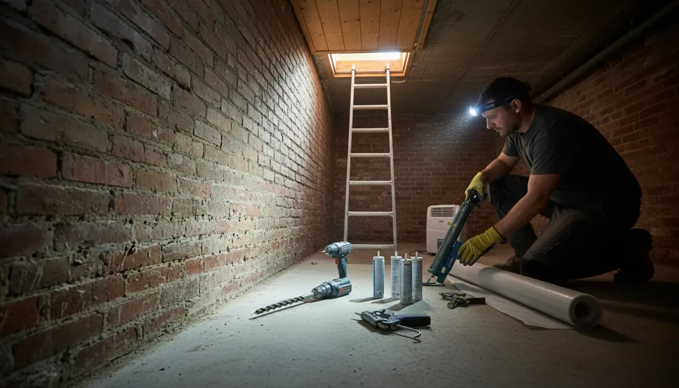 Håndværker injicerer fugtspærre i lavt murværk i en krybekælder ved åben gulvlem.