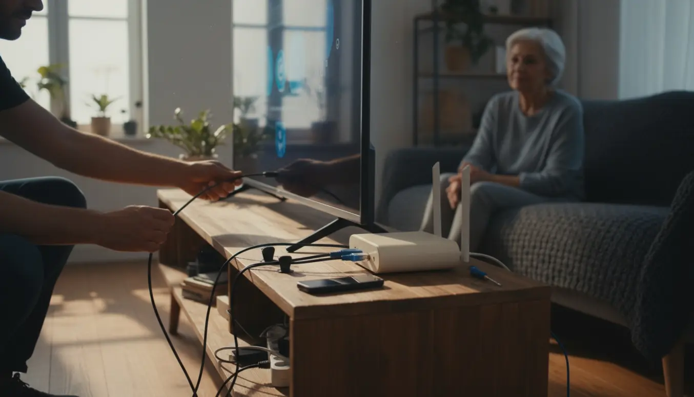 Hænder forbinder HDMI- og netværkskabler til et nyt TV og en router i en hyggelig stue.