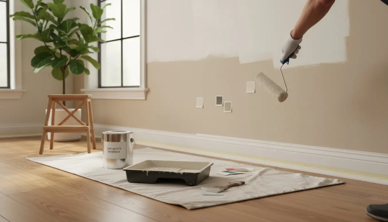 Nærbillede af vægmaling i en villa med malerrulle, maleudstyr og delvist nymalet væg i naturligt lys.