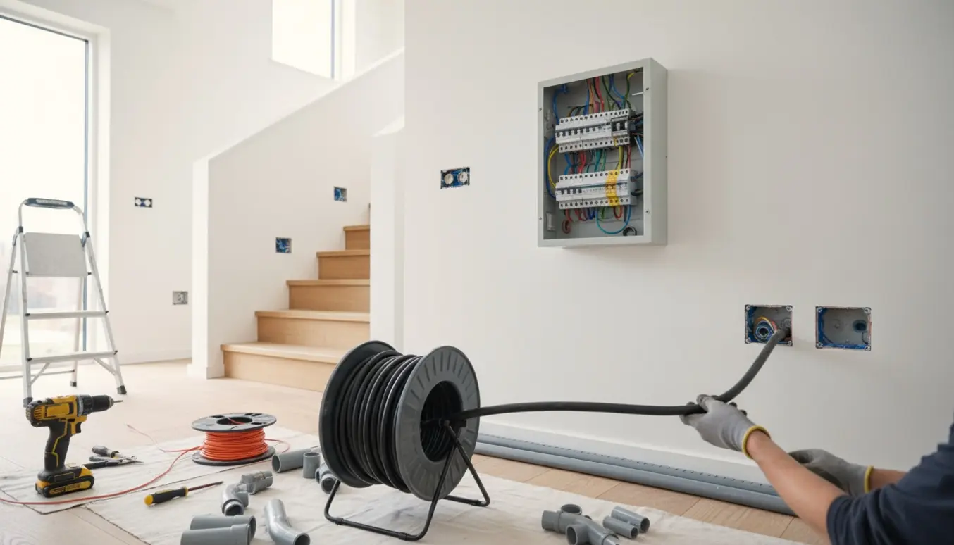 Nyt el trækkes fra forhuset til et to-etagers baghus med ny tavle, kabelrulle og monterede stikkontakter.