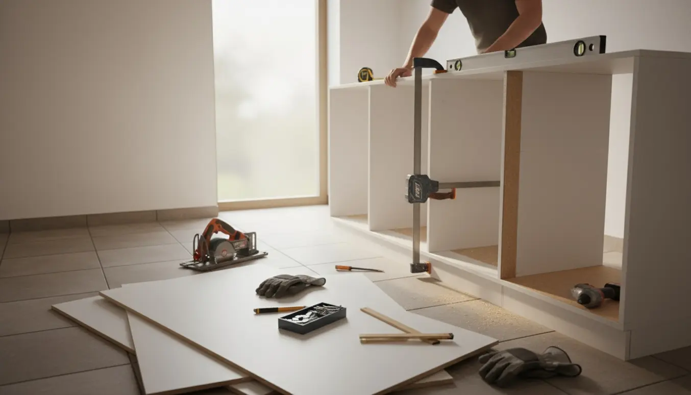 Montør tilpasser og monterer et garderobeskab i et lyst bryggers med værktøj og savede paneler.