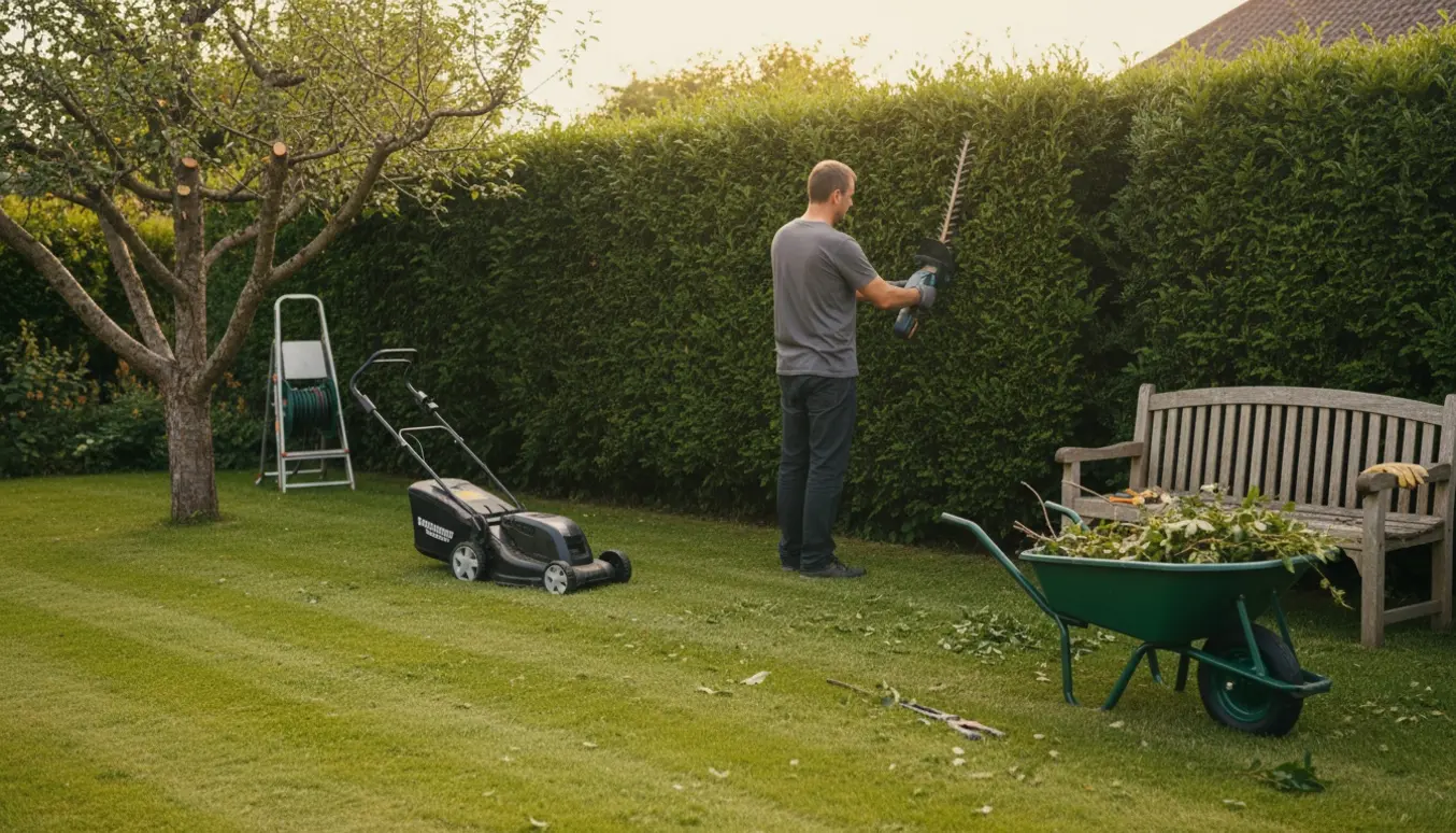 Person trimmer hæk set bagfra med nyslået græs, haveværktøj og afskårne grene i forgrunden.