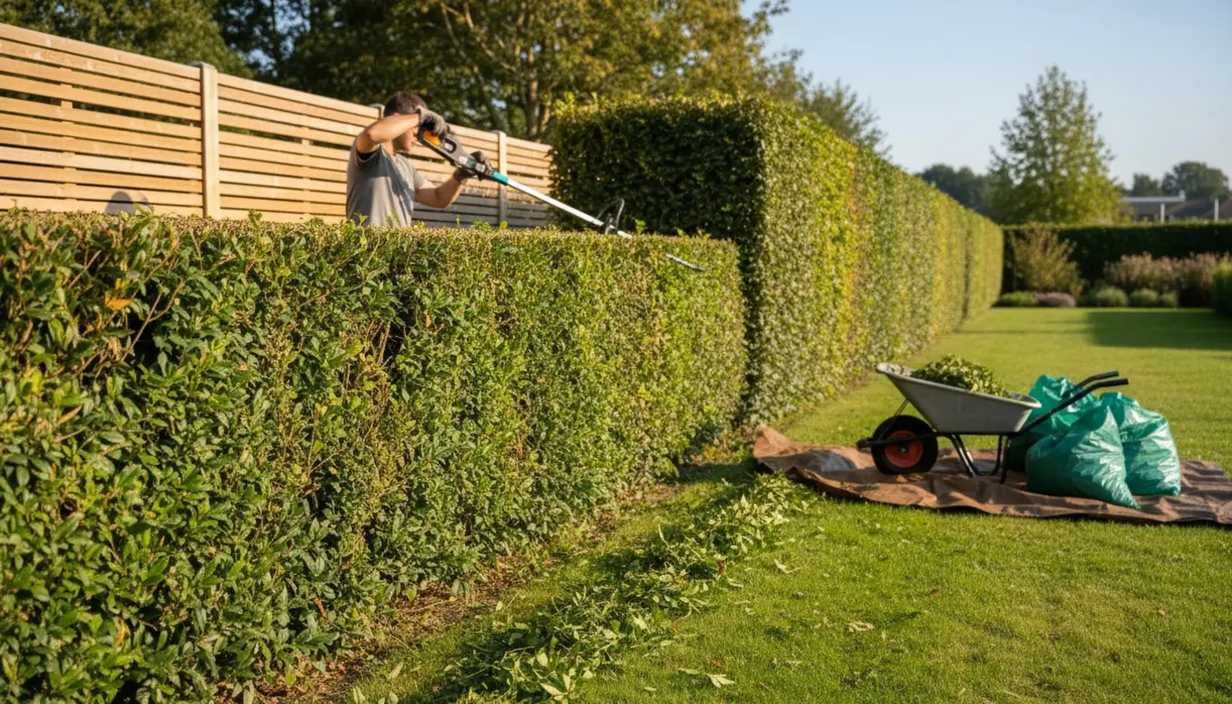 Lang hæk trims, med en gartner set bagfra der bruger en forlængerværktøj til at klippe toppen, og friske afklip samlet i rækker på plænen.