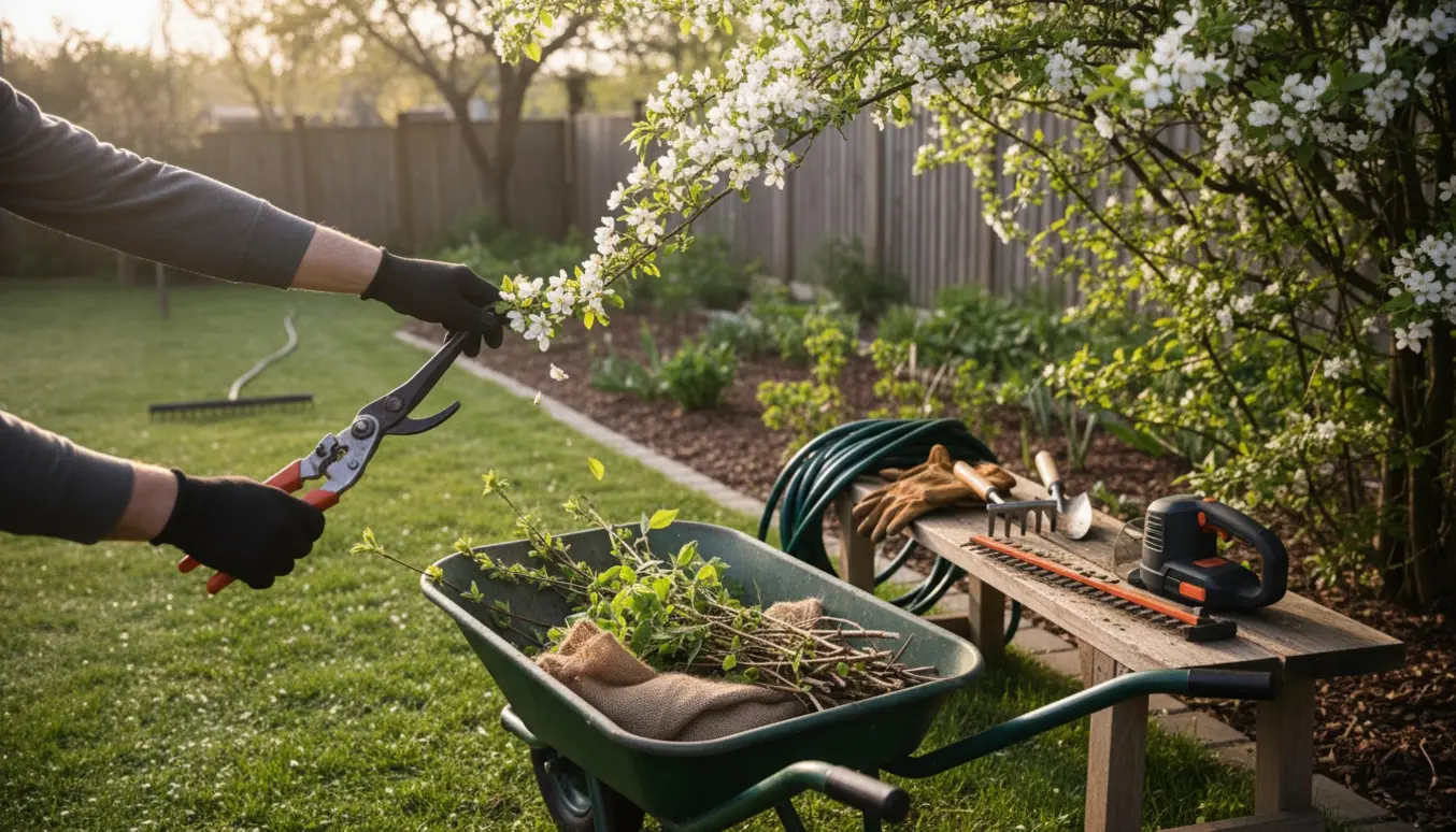 Nærbillede af havearbejde med handske-klædte hænder, beskårne grene i en trillebør og haveredskaber i morgenlys.