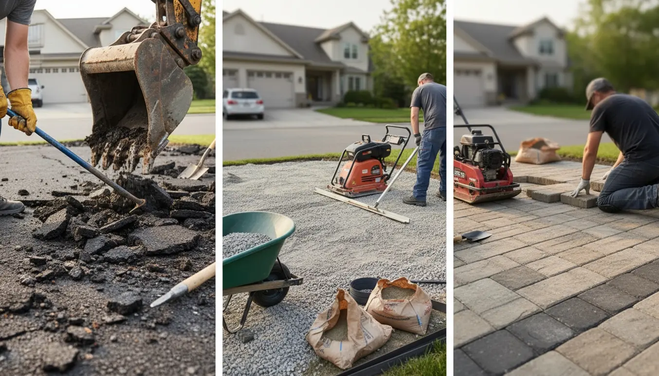 Omlægning af indkørsel med fjernet asfalt, grusunderlag og nylagt sten.