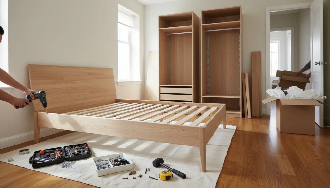 Hænder samler en stor fladpakket seng og to garderobestel i et solbelyst soveværelse, mens pap stabler sig klar til afhentning.