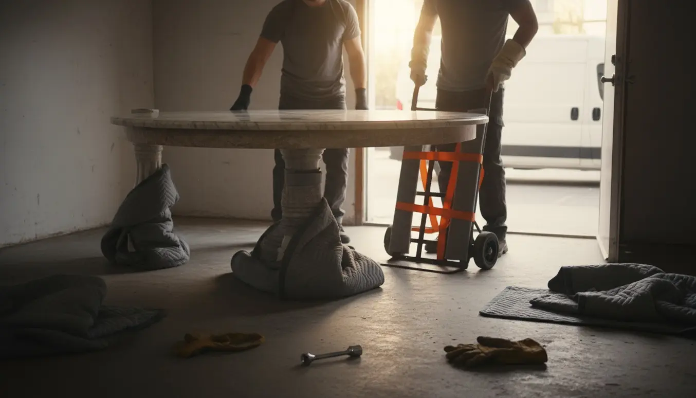 Et rundt marmorbord med afmonterede ben bliver forsigtigt båret ud af en kælder og lastet i en varevogn med flyttetæpper og håndtralle.