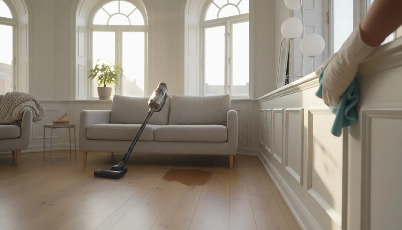 Hænder tørrer støv af vindueskarmen og en støvsuger rengør sofa og trægulv i en lys Frederiksberg-lejlighed.