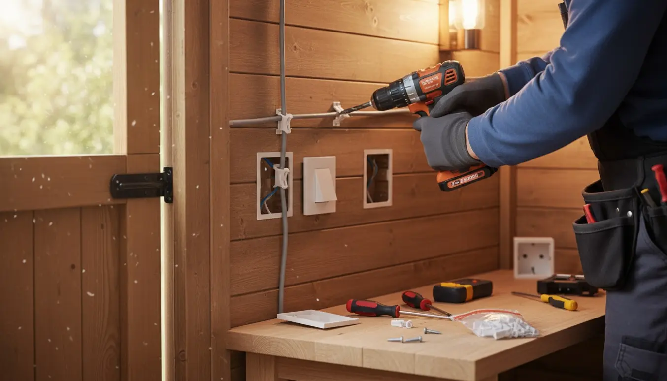 Håndværker monterer stikkontakt og lampe i et træskur, med kabel fastgjort langs væggen og værktøj på en bænk.