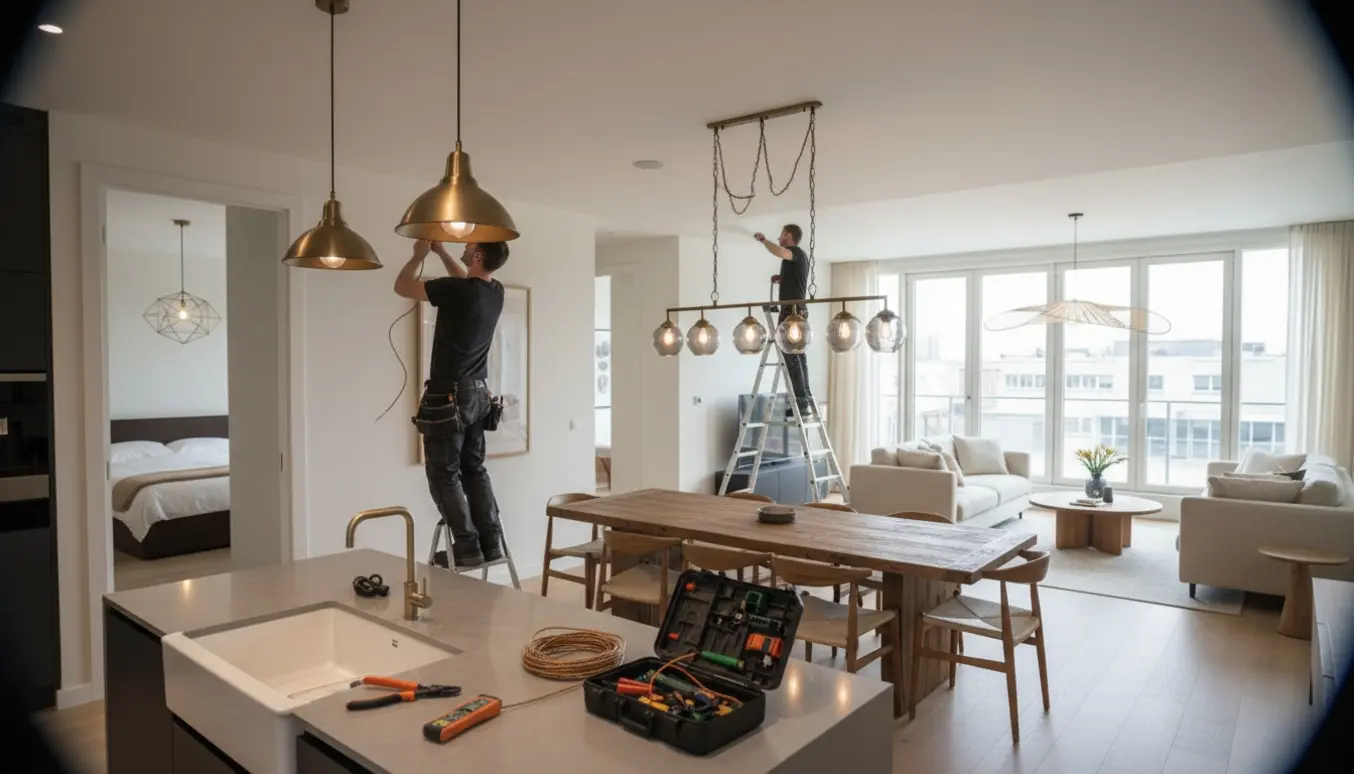 Installatør monterer pendler i åbent køkken-alrum med værktøj og ledninger synlige.