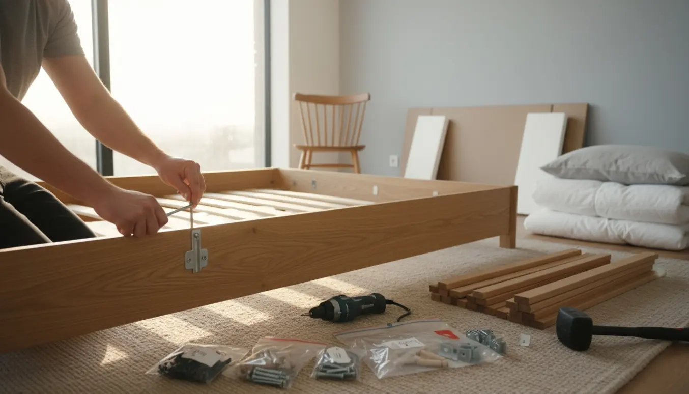 Hænder, der samler en moderne træseng i et lyst, minimalistisk soveværelse.