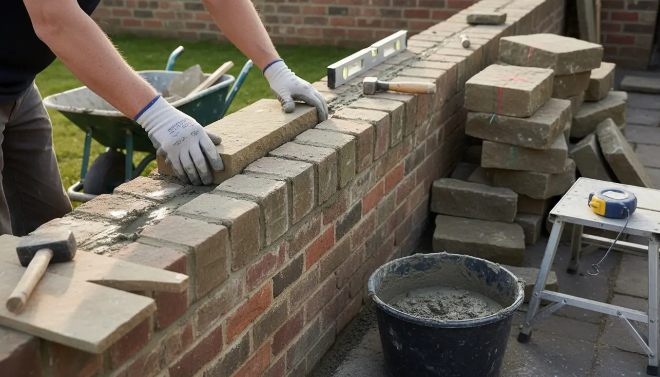 Hænder placerer en ny stenoverligger på en murtop med murske, vaterpas og murerredskaber i forgrunden.