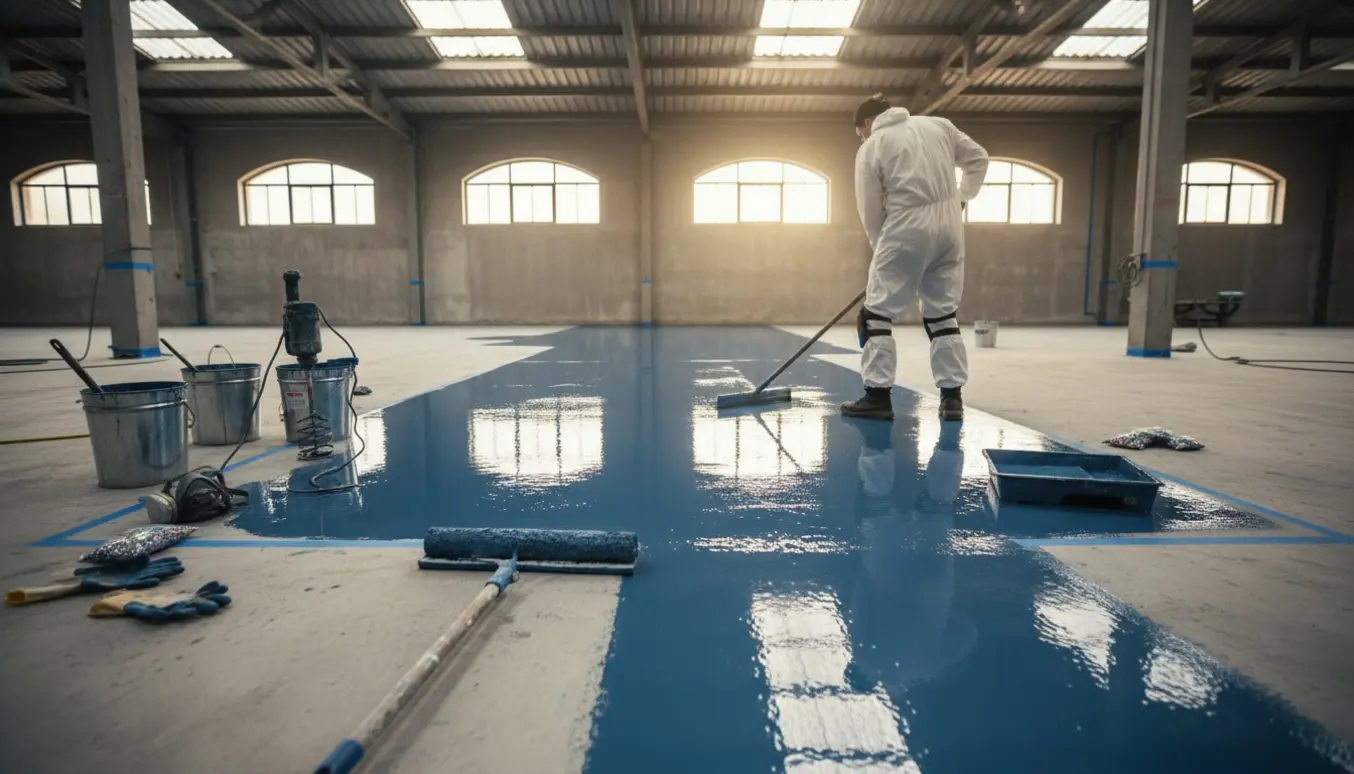 Industrielt lager hvor epoxygulv påføres med ruller og spartel, det nymalede område skinner.