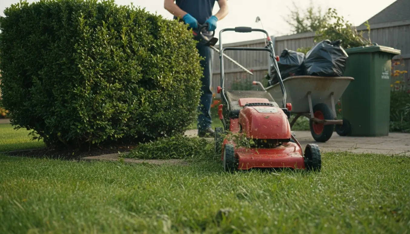 En person slår græs og klipper hæk i en solrig have, mens haveaffald lægges i en skubbevogn.