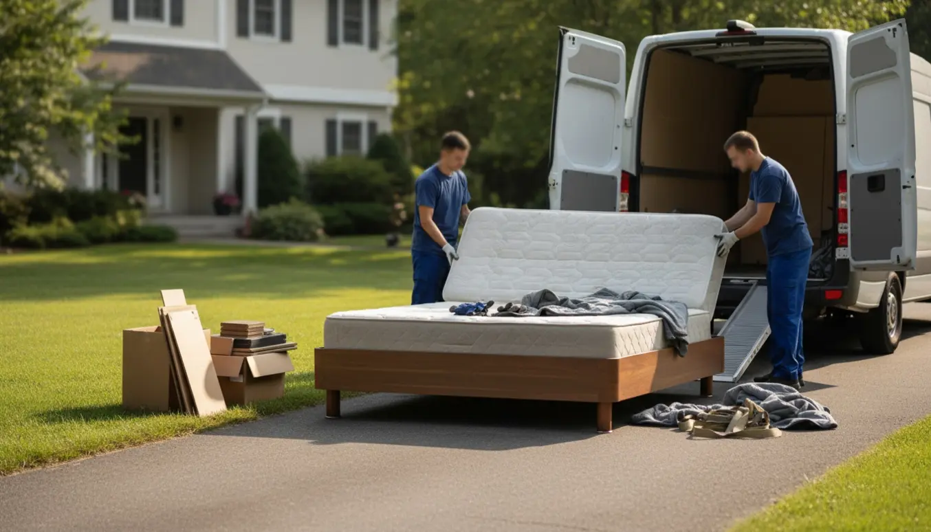 Dobbelt seng med madras og korte ben samt blandet træ- og papaffald i indkørsel klar til afhentning.