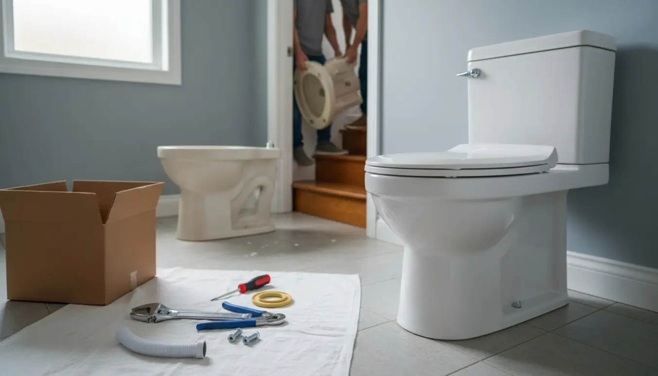 Nyt kompakt toilet og VVS-værktøj klar i et badeværelse, mens et gammelt toilet bæres ned ad trappen.