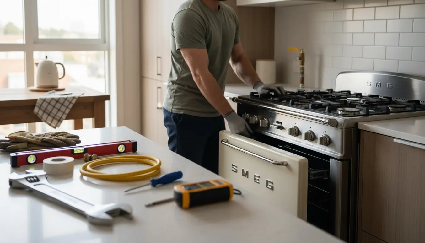 Tekniker uden synligt ansigt installerer et retro Smeg-gaskomfur i et lyst lejlighedskøkken.