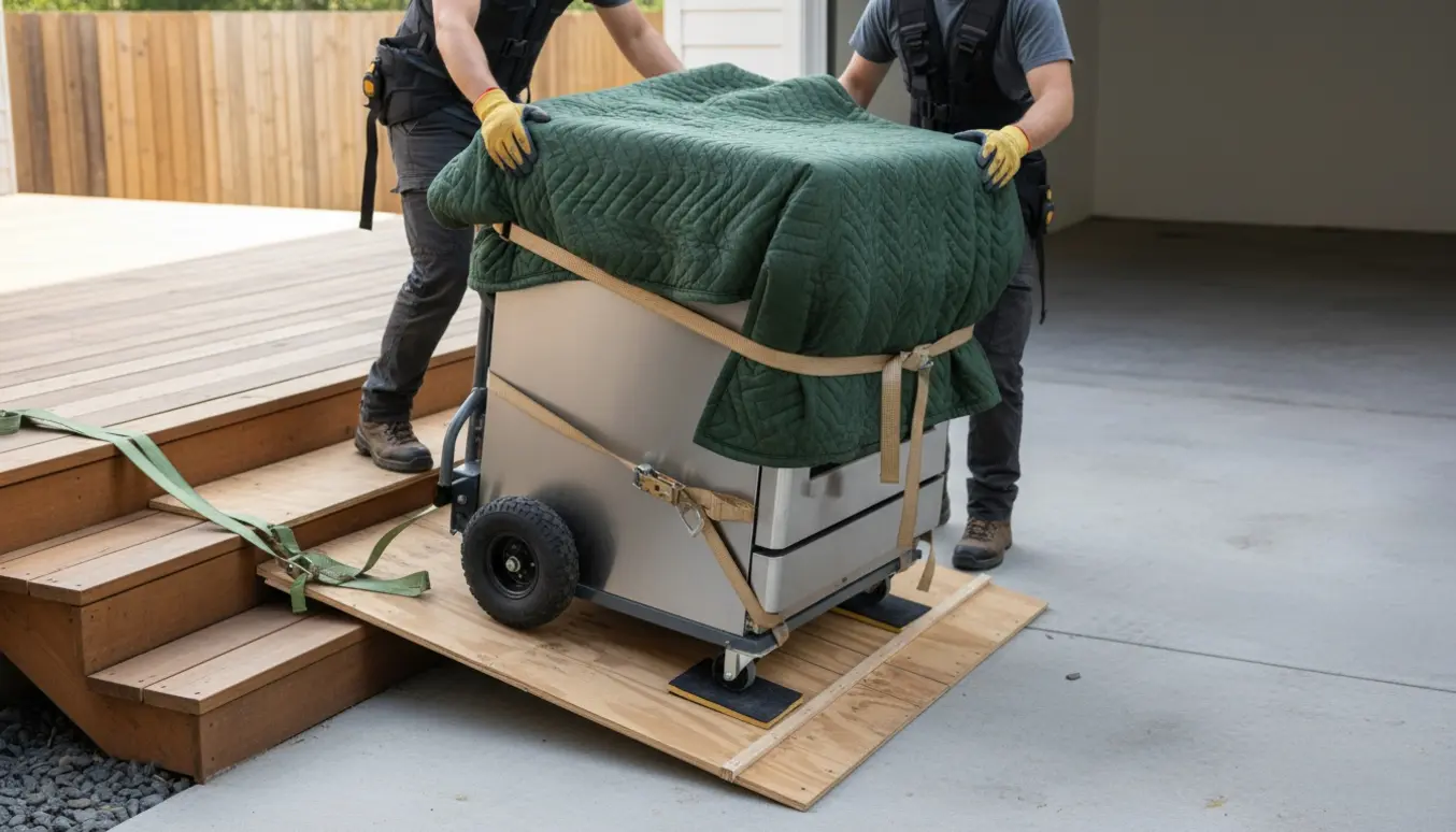 Et tungt gaskomfur bliver forsigtigt flyttet ned ad en udendørs trappe fra køkkenet mod carporten.