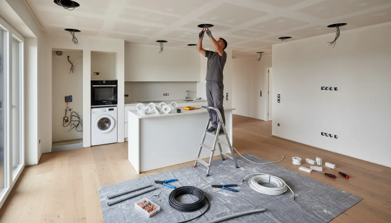 Elektriker i køkkenalrum med udskårede gipsloft-huller til spots og nye stikkontakter klar til tilslutning.