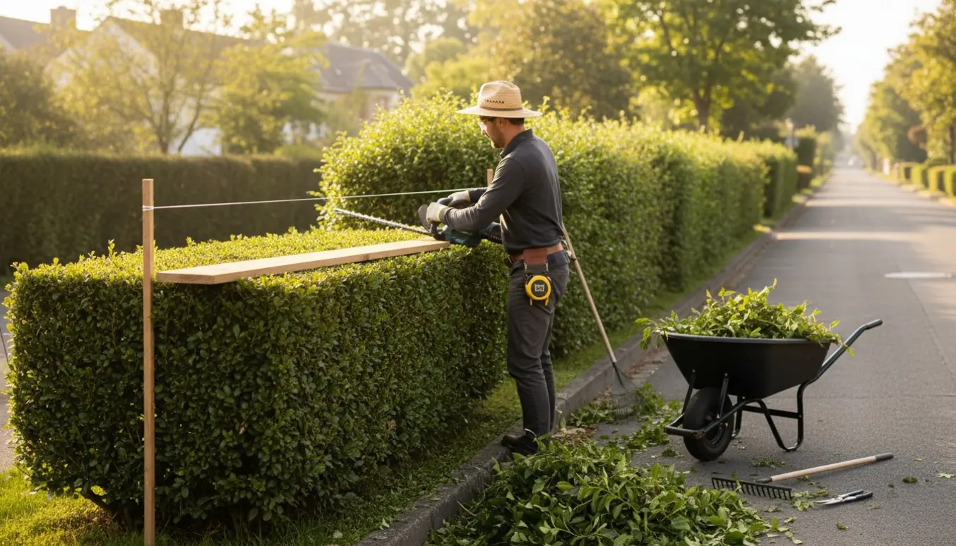 En person trimmer en lang vejhæk med en snor som højdeguide, afklip samlet i en trillebør.