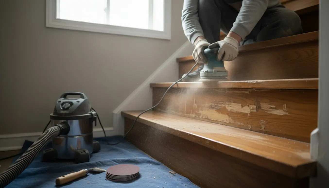 Nærbillede af slibning af seks trappetrin til kælder med håndholdt slibemaskine og støvsuger til støvopsamling.