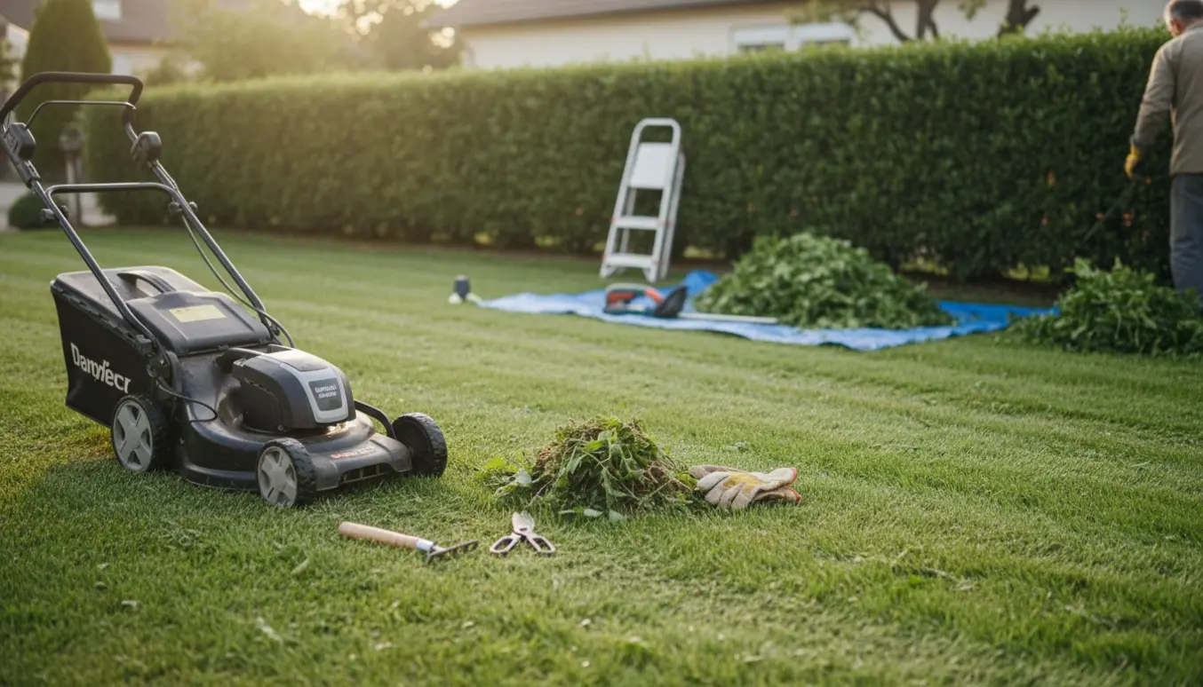 Nyklippet lille græsplæne med plæneklipper, bunke ukrudt og nysnoet hæk med haveredskaber.