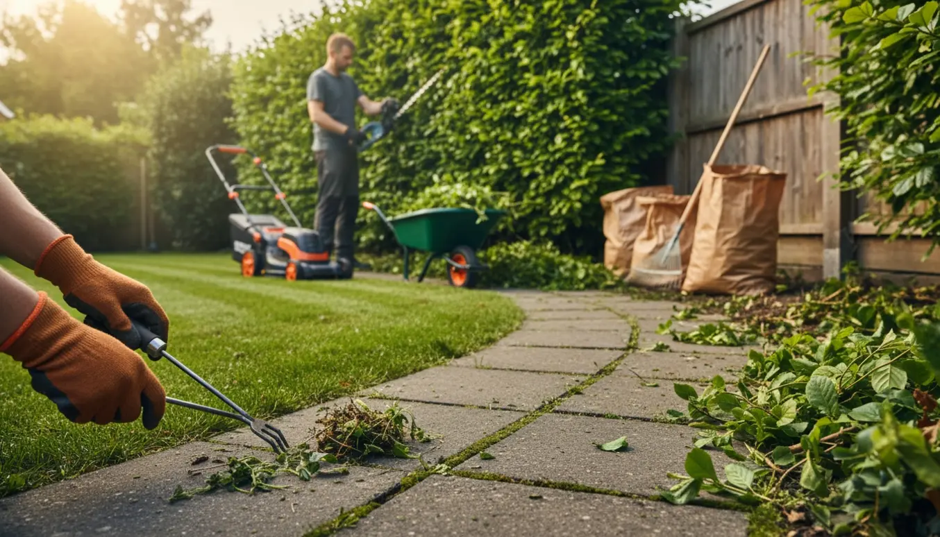 Rydning af have med nysnoet bøgehæk, håndrensning mellem fliser og en trillebør med haveaffald.