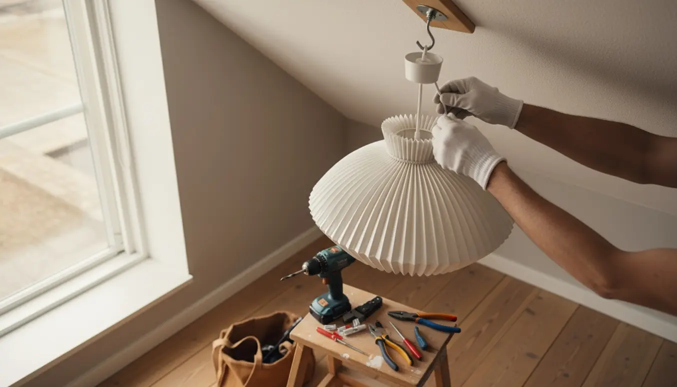 Le Klint Lamella-pendel monteres i et hjørne med krog, lampeudtag og værktøj synligt.