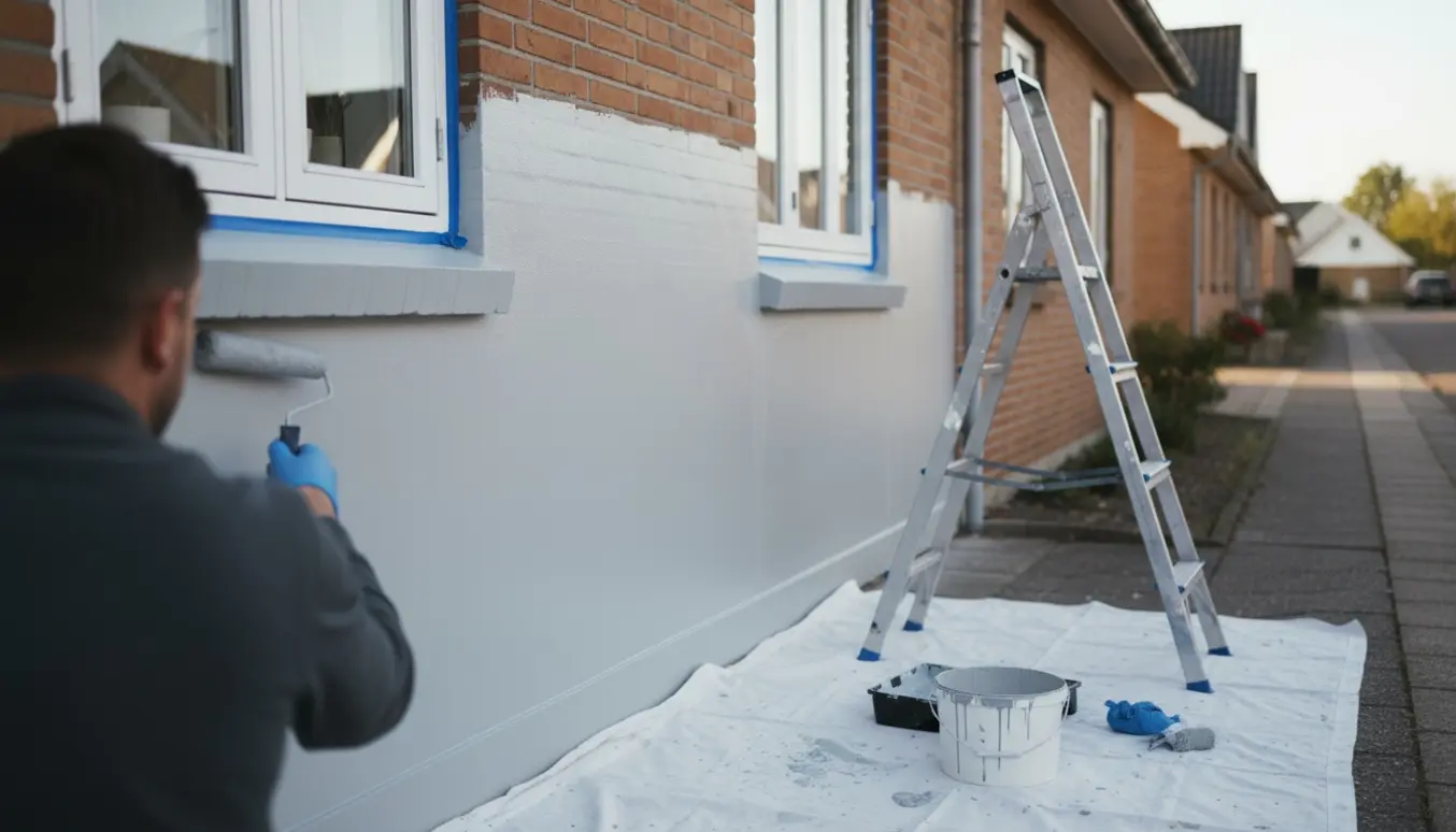 Nymalet rækkehusfacade med maler på stige, malerbøtte og afdækningsdug i blødt dagslys.
