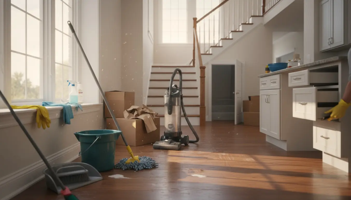 Rengøringsscene i et tre-etagers hus efter flytning med moppe, støvsuger og åbne skabe.