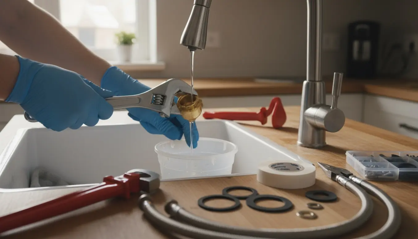 Hænder skruer en køkkenvandhane af med skruenøgle over en vask, værktøj og en spand fanger dryp.