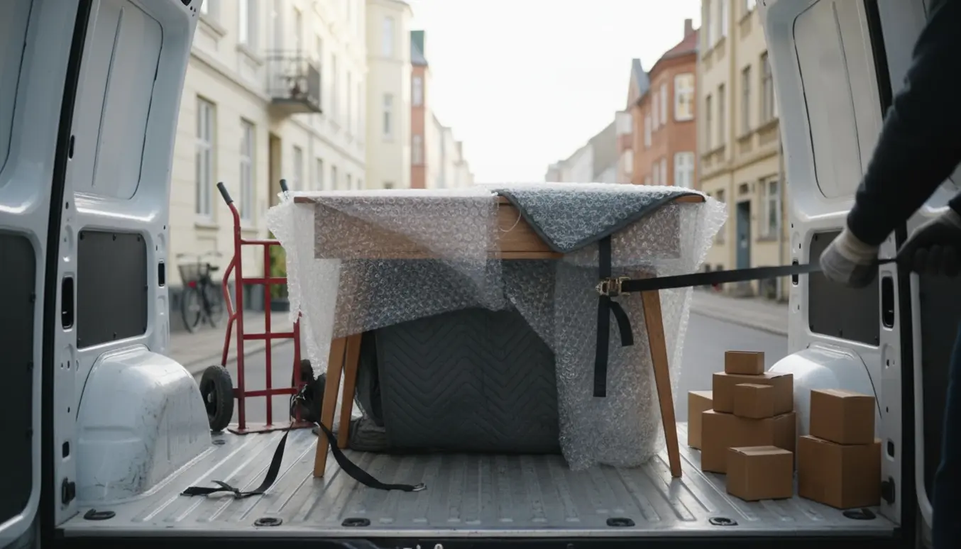 Lille konsolbord indpakket og sikret i en varevogn, klar til transport.