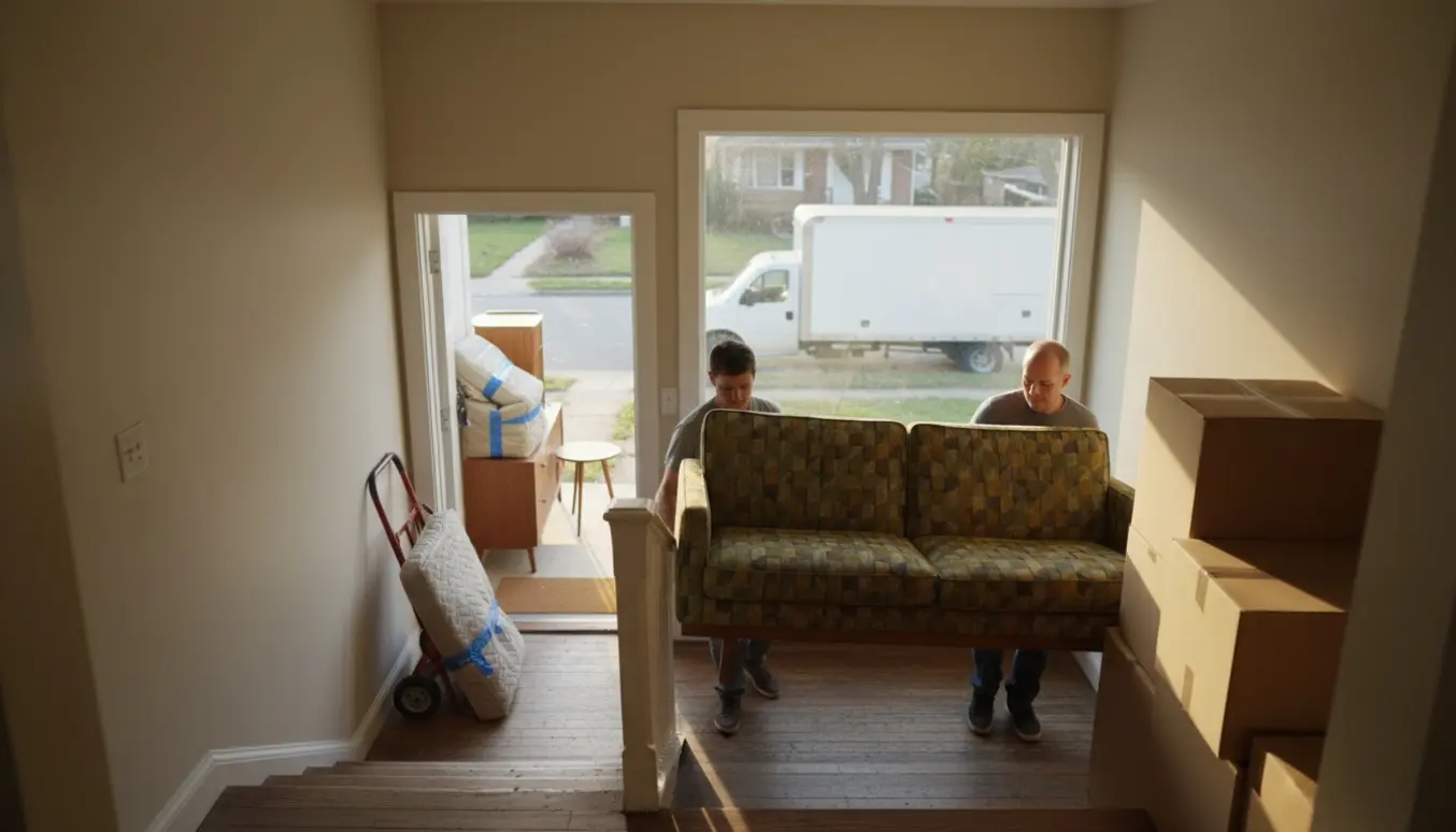 Flyttefolk bærer en sofa og små møbler ned fra 2. sal mod en åben flyttevogn, omgivet af flyttekasser og pakkede skabe.