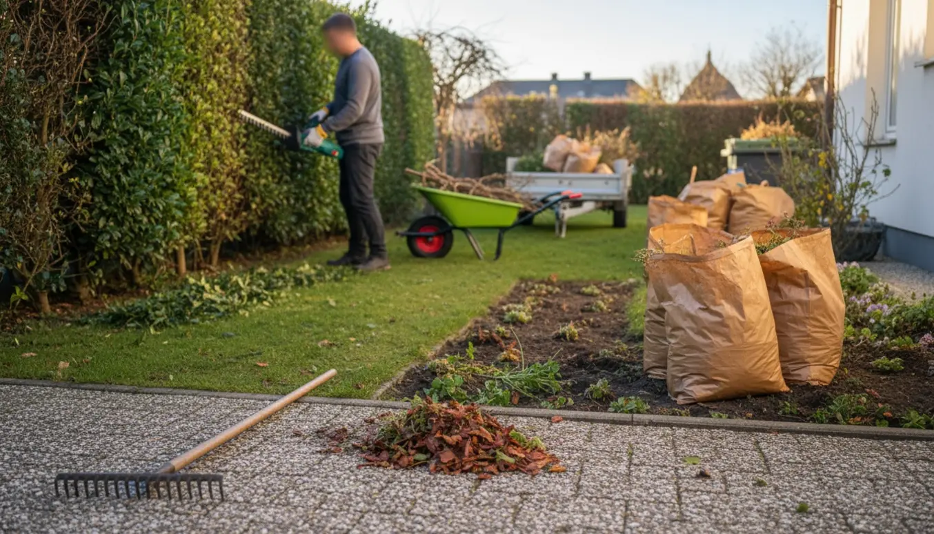Person trimmer hækken og samler haveaffald i en lille have klar til vinter.
