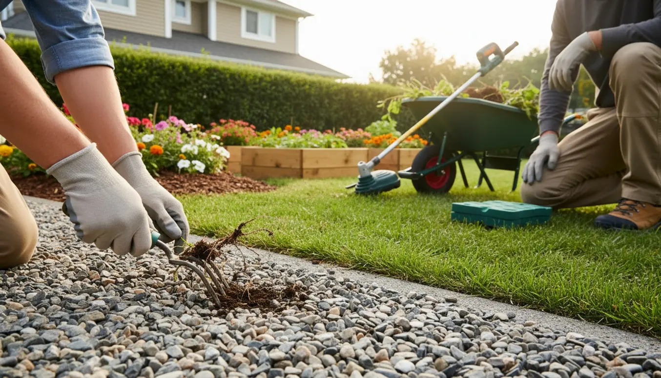 Nærbillede af fjernelse af ukrudt mellem sten og nyklippede græskanter ved hus og hæk.