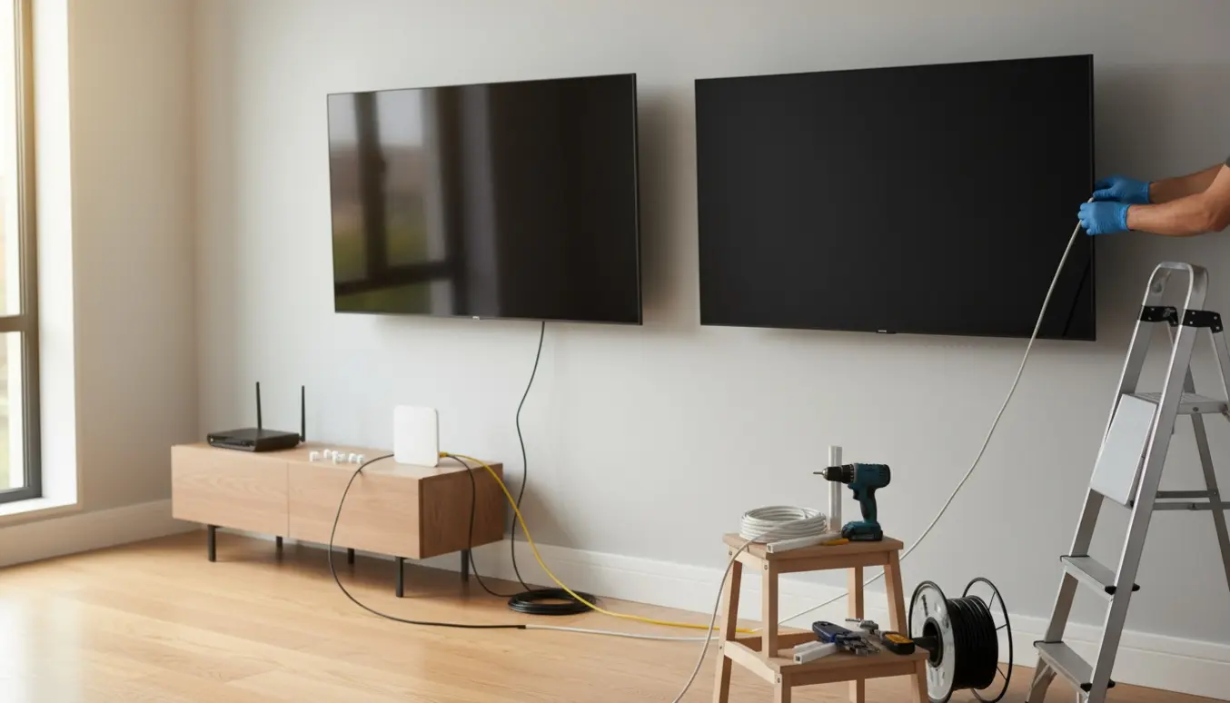 To vægmonterede fladskærme får kabler tilsluttet fra en set-top-boks og router, mens værktøj ligger klar.