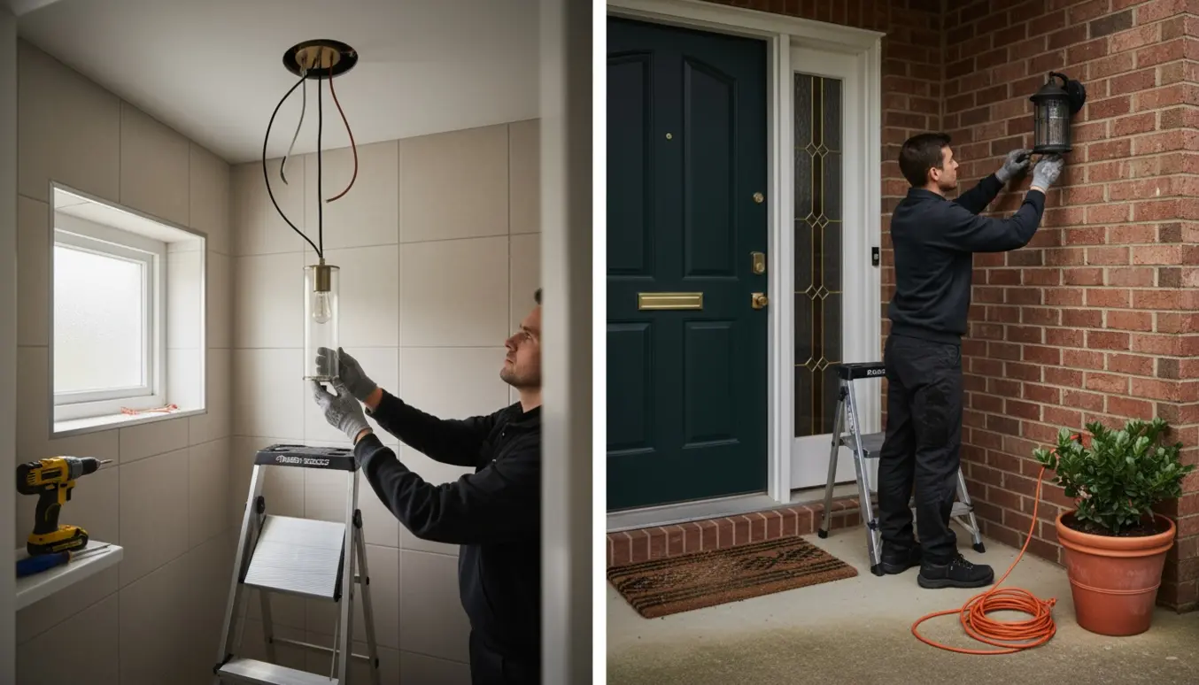 Hænder monterer en ny lampe i et gæstetoilet og udskifter udendørslampen ved hoveddøren.