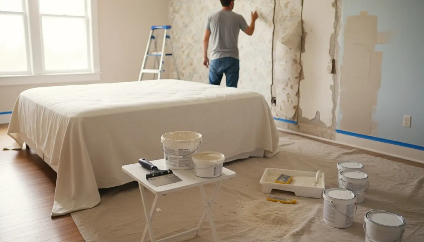 Soveværelse under renovering med fjernet tapet, tre lange revner, spartelværktøj og malergrej klar til maling.
